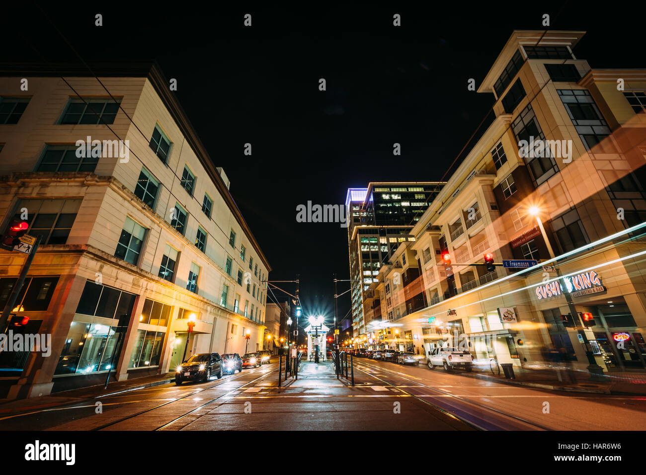 Monticello Avenue at night, in downtown Norfolk, Virginia Stock Photo