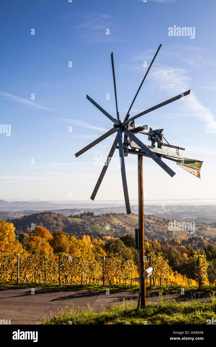 Klapotetz windmill on Schilcher wine route in western Styria in Austria, Europe Stock Photo