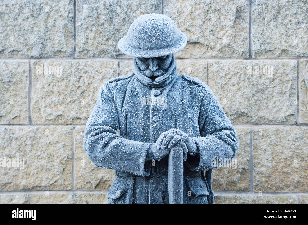 Frost on soldier war memorial. Walkerburn, Scottish borders. Scotland Stock Photo