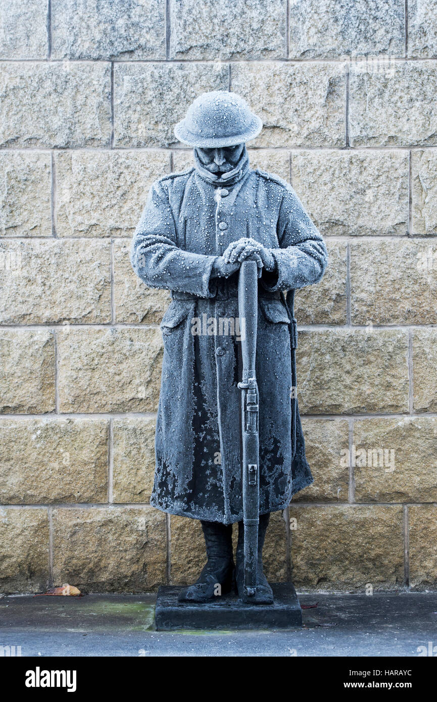 Frost on soldier war memorial. Walkerburn, Scottish borders. Scotland Stock Photo