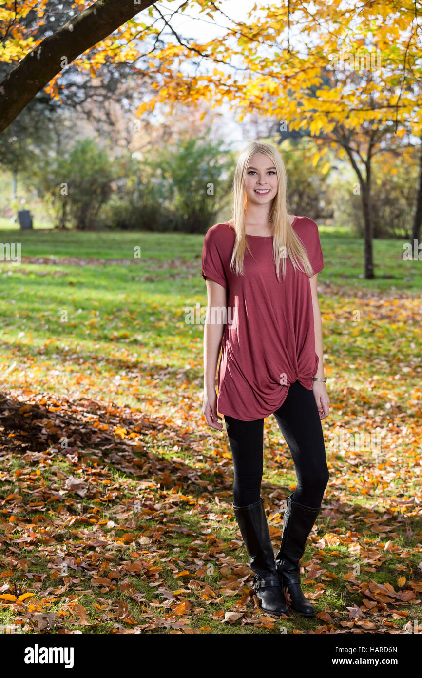 Portrait of a beautiful young woman outdoors during Autumn season Stock ...