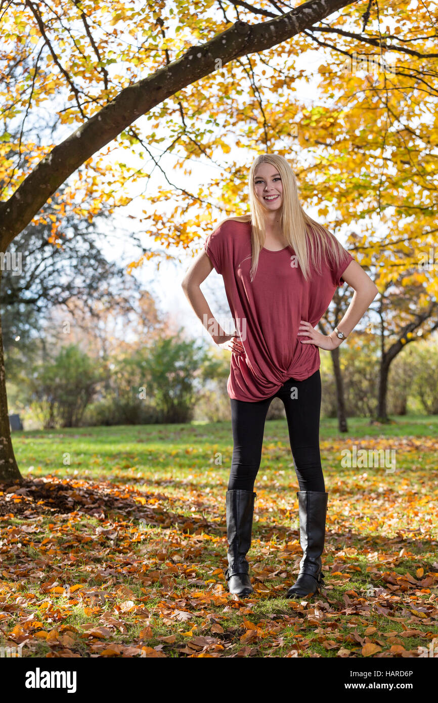 Portrait of a beautiful young woman outdoors during Autumn season Stock ...