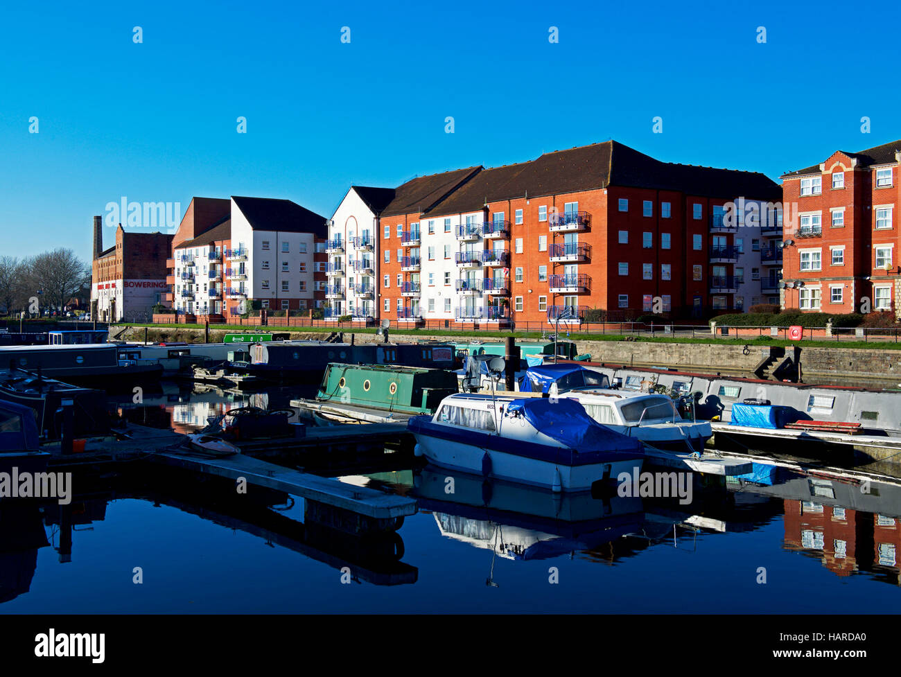 Apartments overlooking the canal basin of the Bridgwater and Taunton Canal, Bridgwater, Somerset, England UK Stock Photo
