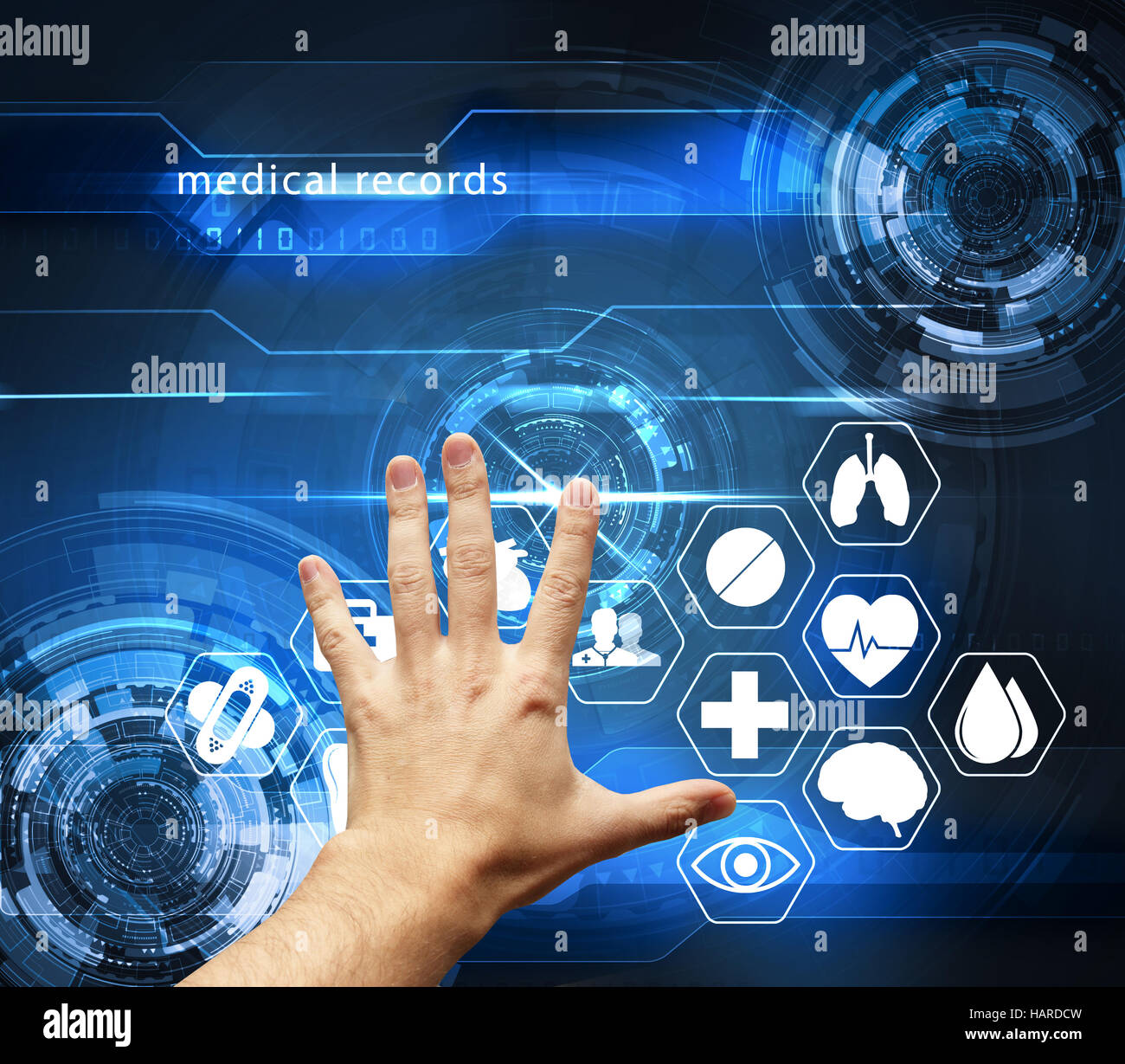 hand touching futuristic interface with medical records - medical health care concept Stock Photo