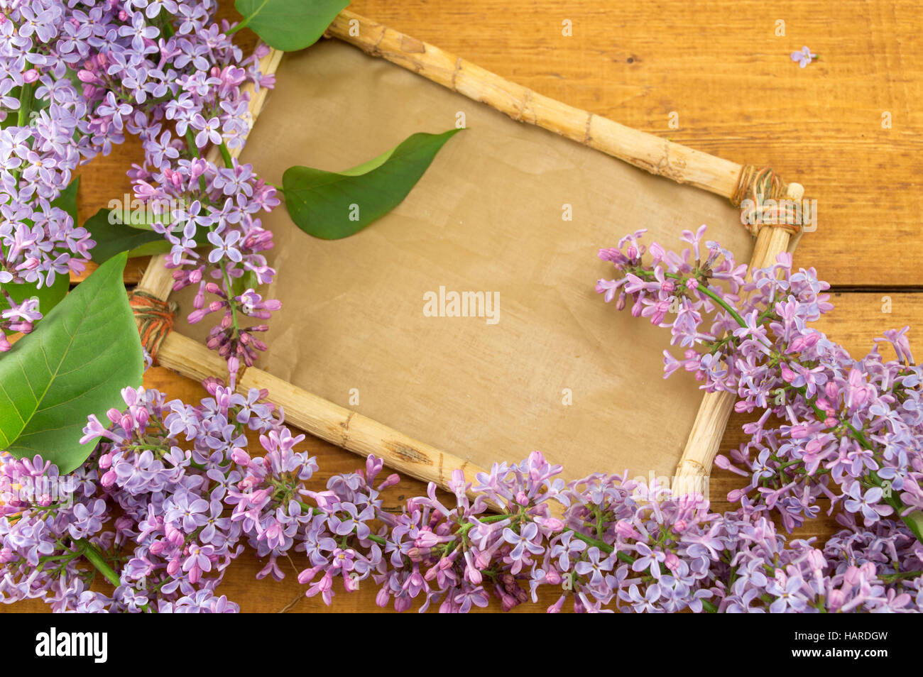 lilac flower and old wooden frame Stock Photo