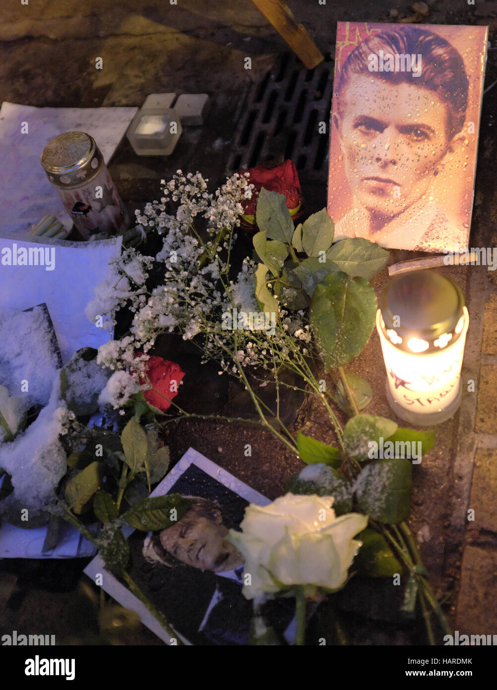 Memorial in front of David Bowie's previous Berlin Haupstrasse  apartment complex after his death in January, 2016. Stock Photo