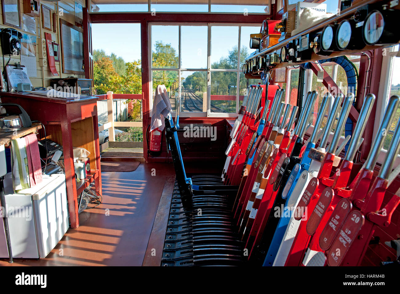 Interior of  Wittersham Road signalbox on the Kent and East Sussex Railway, UK Stock Photo