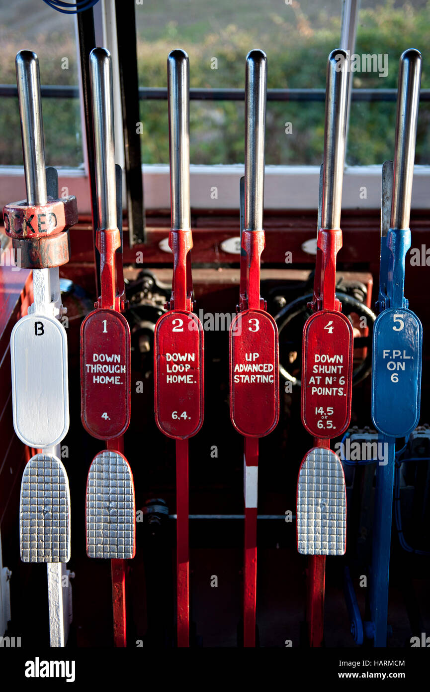 Mechanical signalling levers at Wittersham Road signalbox on the Kent and East Sussex Railway. UK Stock Photo