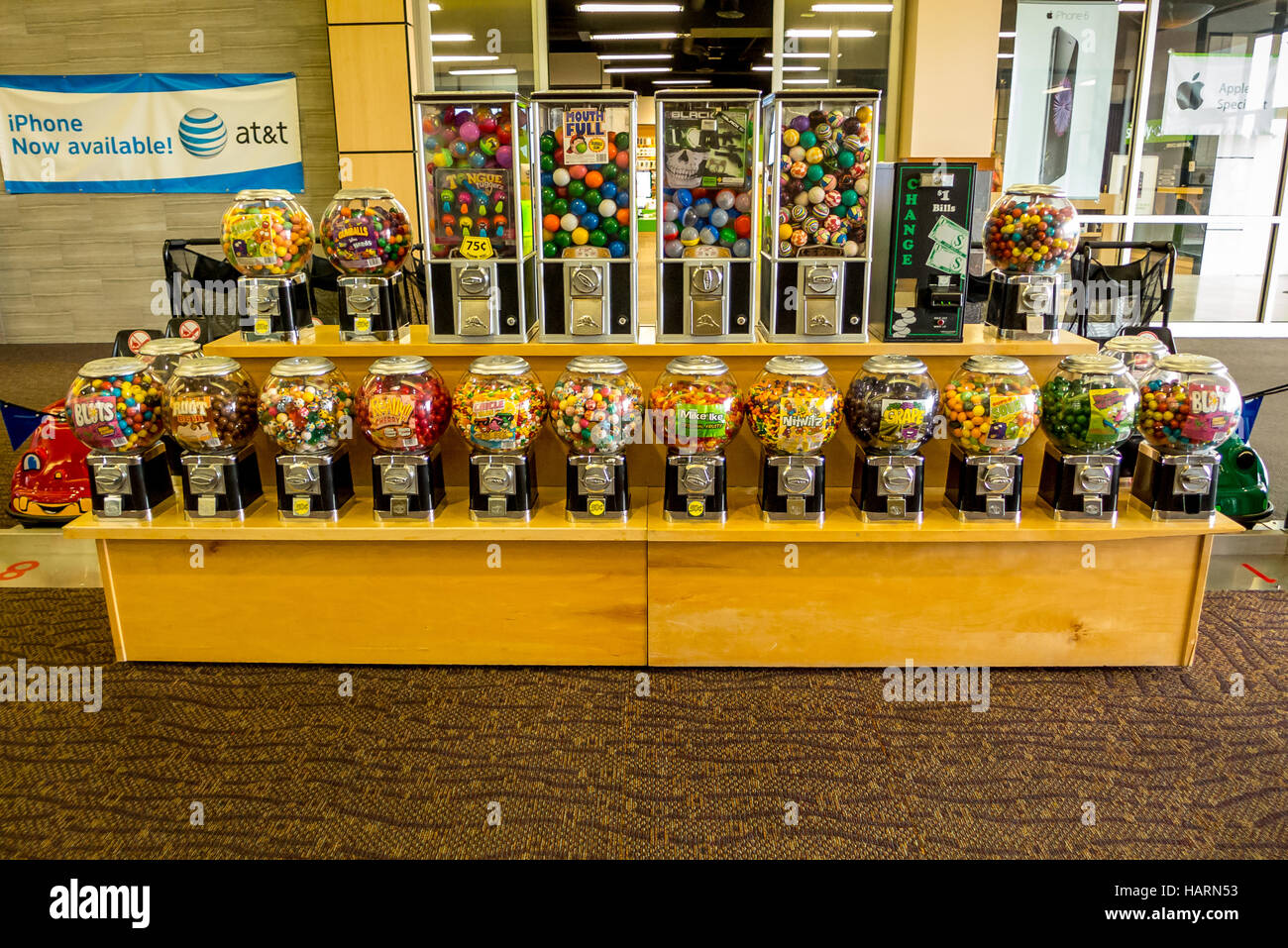 A huge selection of gumball machines in a mall in Butte, Montana Stock