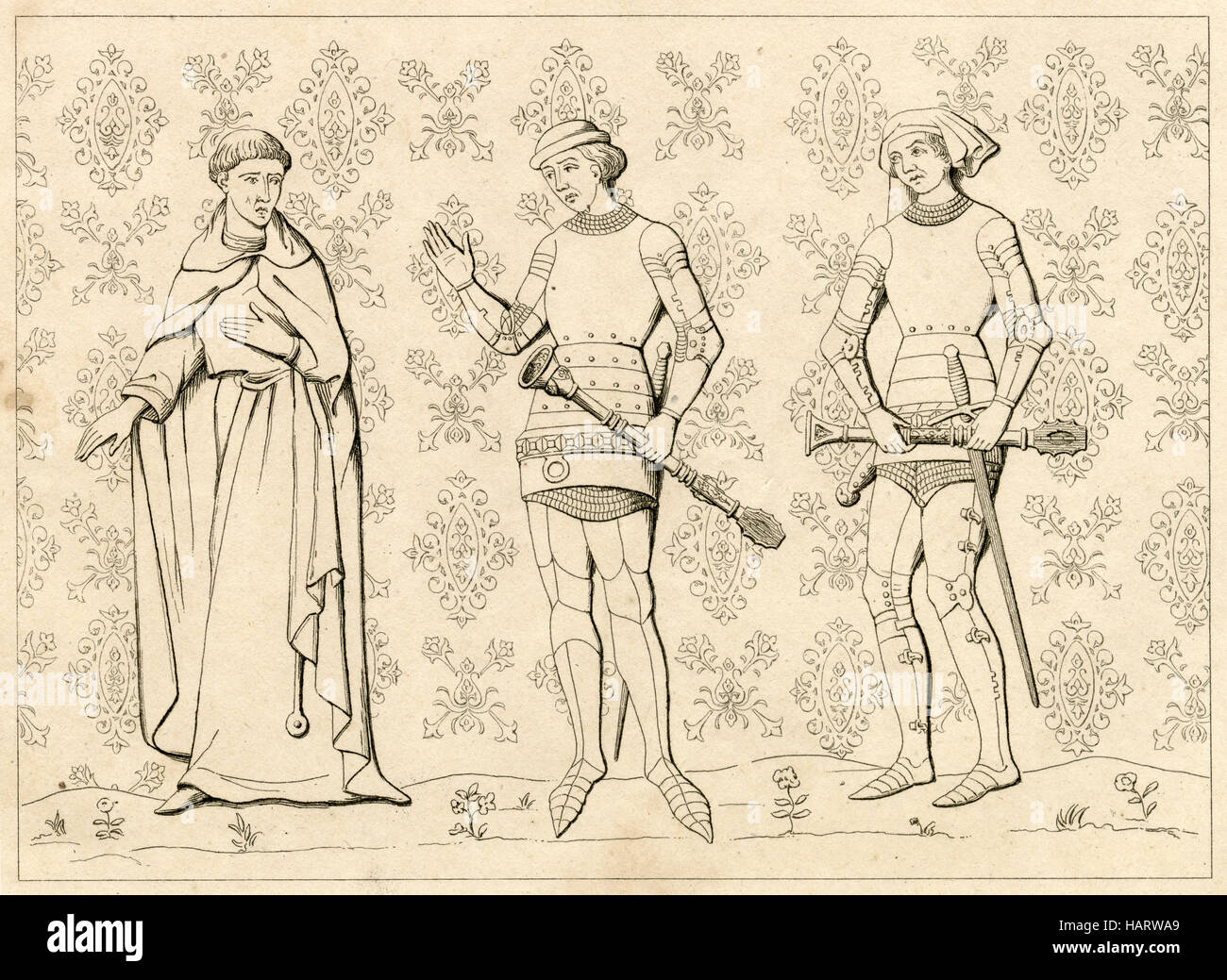 Antique engraving, circa 1860, depicting the 13th century uniforms of a French Religious man and Sergeant at Arms. Engraving by Charles Vernier (1831-1892). SOURCE: ORIGINAL ENGRAVING. Stock Photo