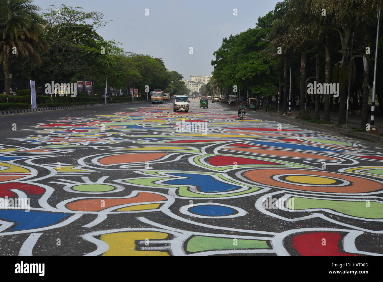 Manik Mia Avenue adorned with painting (Alpona) marking Bangla New Year 1423 in Dhaka, Bangladesh Stock Photo