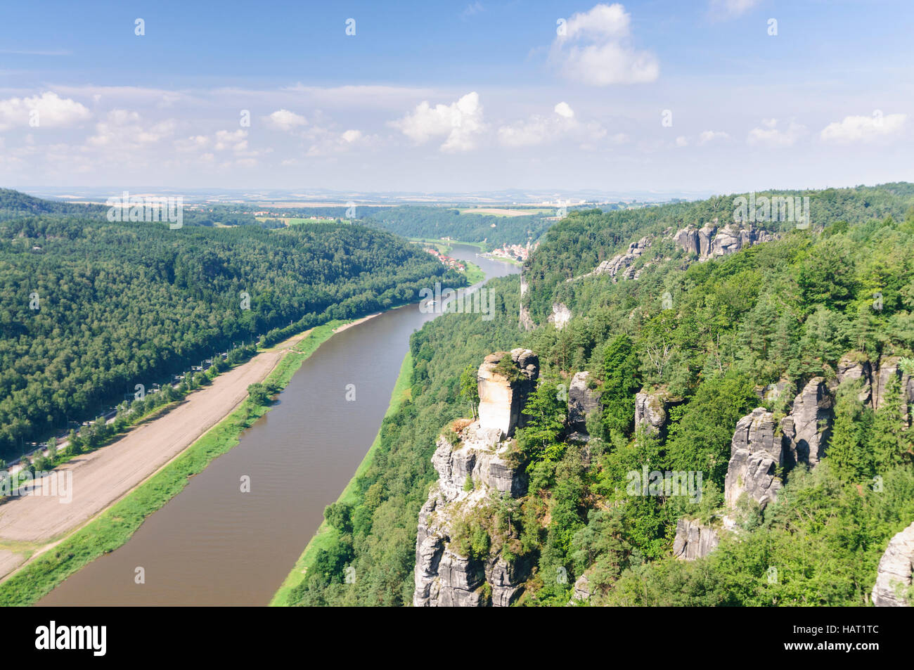 Rathen: View from rock Bastei along river Elbe to Wehlen, Sächsische Schweiz, Saxon Switzerland, Sachsen, Saxony, Germany Stock Photo