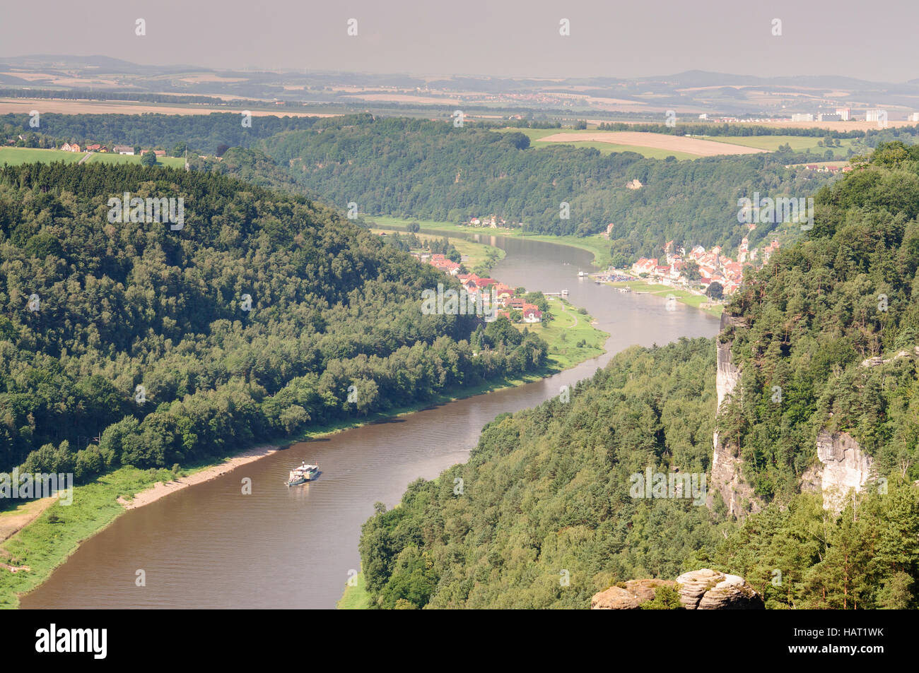 Rathen: View from rock Bastei along river Elbe to Wehlen, Sächsische Schweiz, Saxon Switzerland, Sachsen, Saxony, Germany Stock Photo