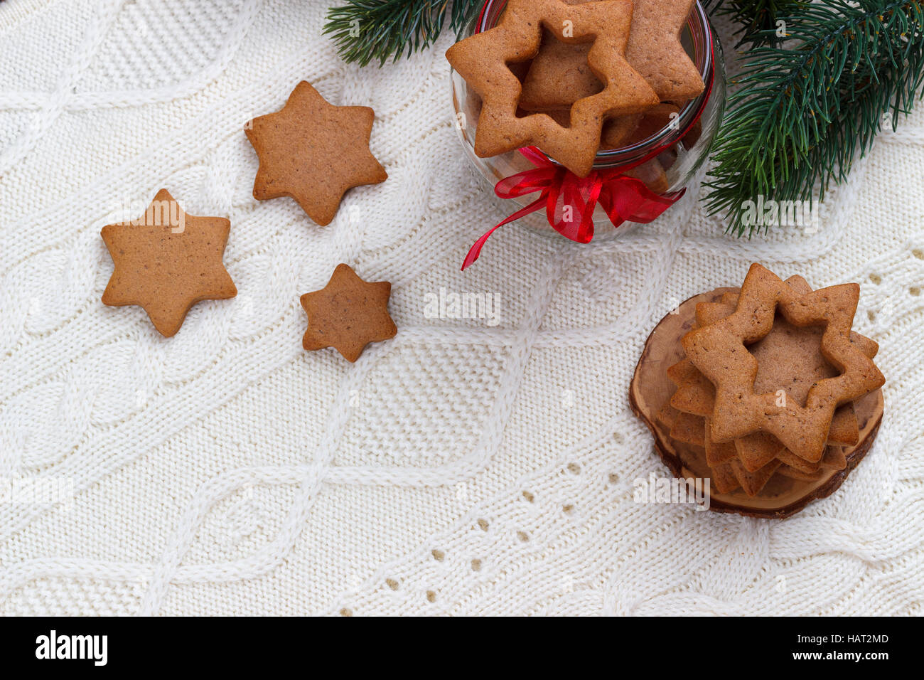homemade christmas shortbread cookies on white knitted background, copy ...