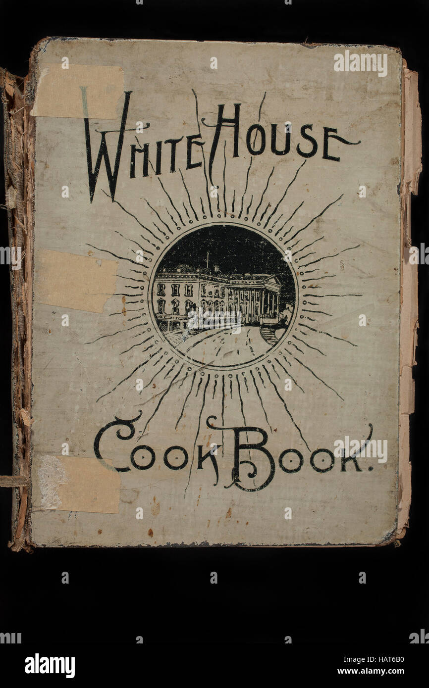 A well-used cookbook: The White House Cook Book, written in 1887 and dedicated to the wives of United States presidents. Stock Photo