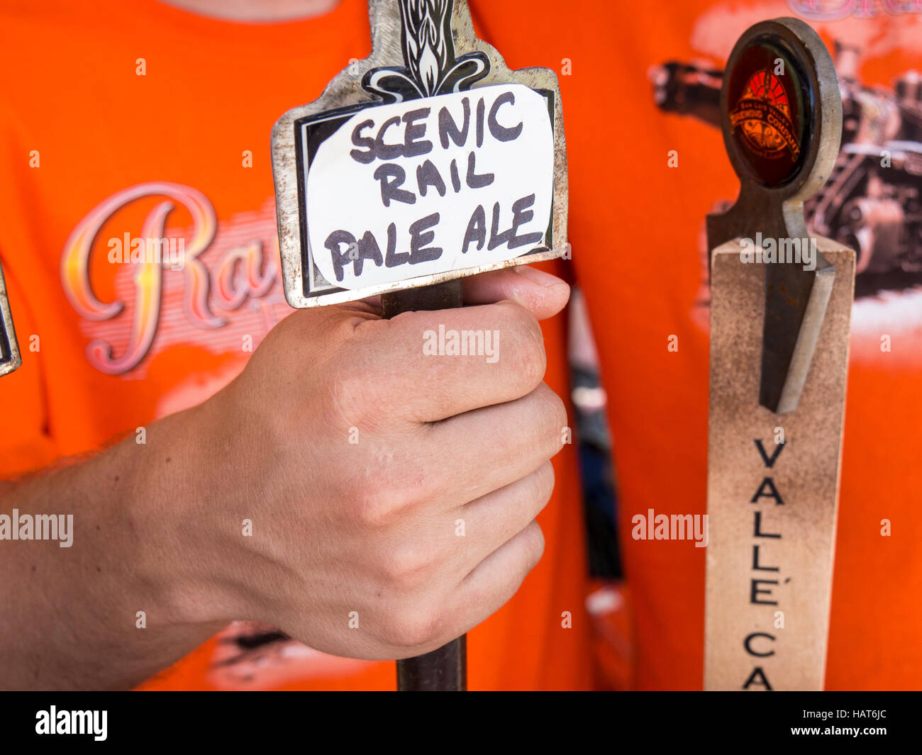 Alamosa Brewery's Scenic Rail Pale Ale tap, Rails and Ales Brewfest, Alamosa, Colorado. Stock Photo