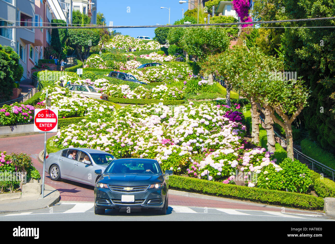 San Francisco, CA, USA - June 24, 2015: Lombard Street is an east-west street in San Francisco, California. The street is known as the most crooked st Stock Photo