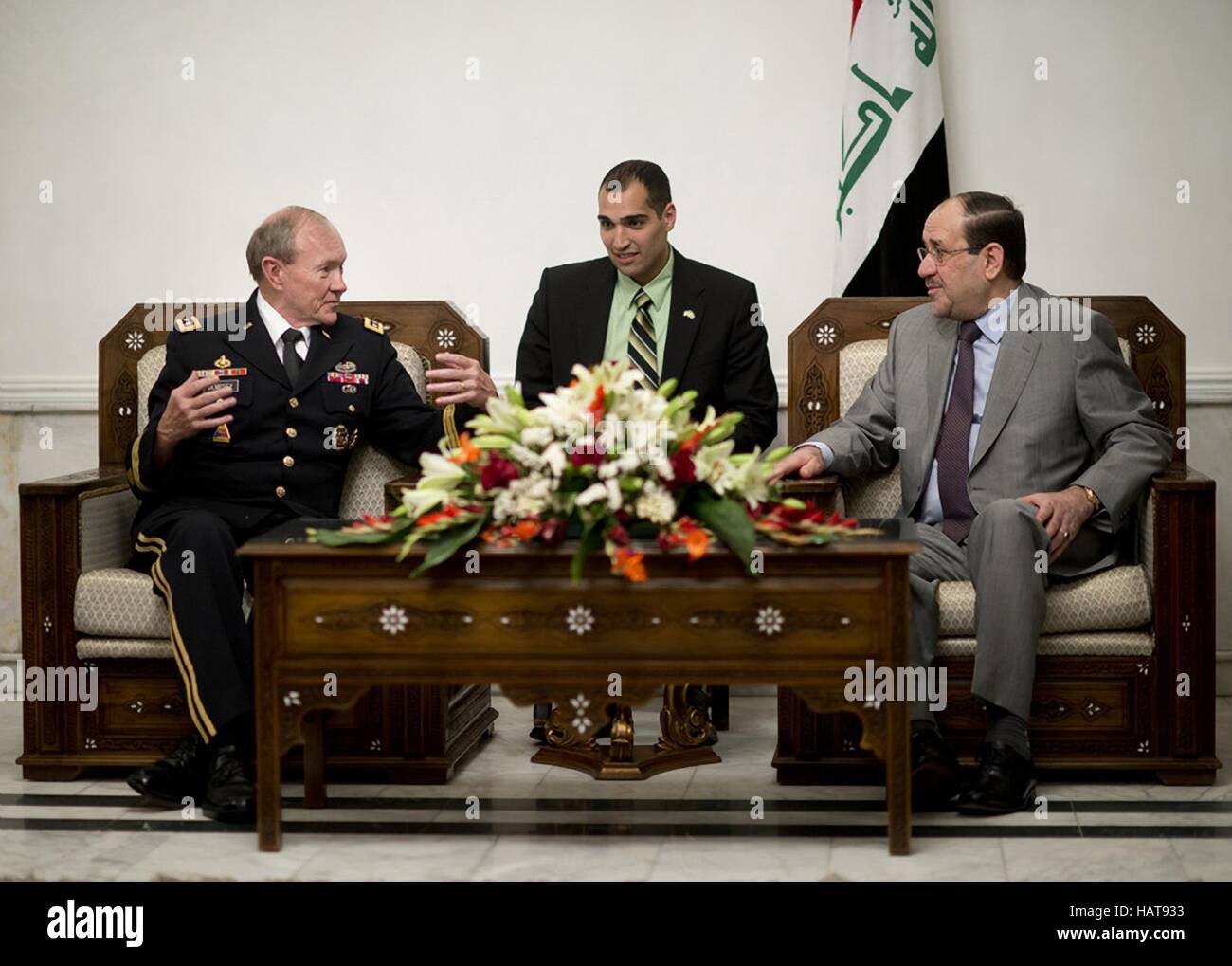 U.S. Joint Chiefs of Staff Chairman Martin Dempsey (left) meets with Iraqi Prime Minister Nouri al-Maliki (right) August 21, 2012 in Baghdad, Iraq. Stock Photo