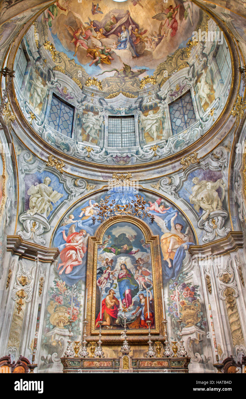 BRESCIA, ITALY - MAY 22, 2016: The Immaculate chapel in church Chiesa di San Francesco d'Assisi with Immaculate altar piece by Grazio Cossali Stock Photo