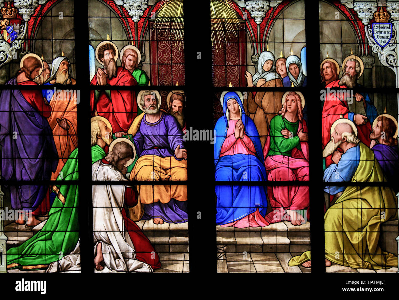 Stained glass church window depicting Pentecost in the Dom of Cologne, Germany. Stock Photo