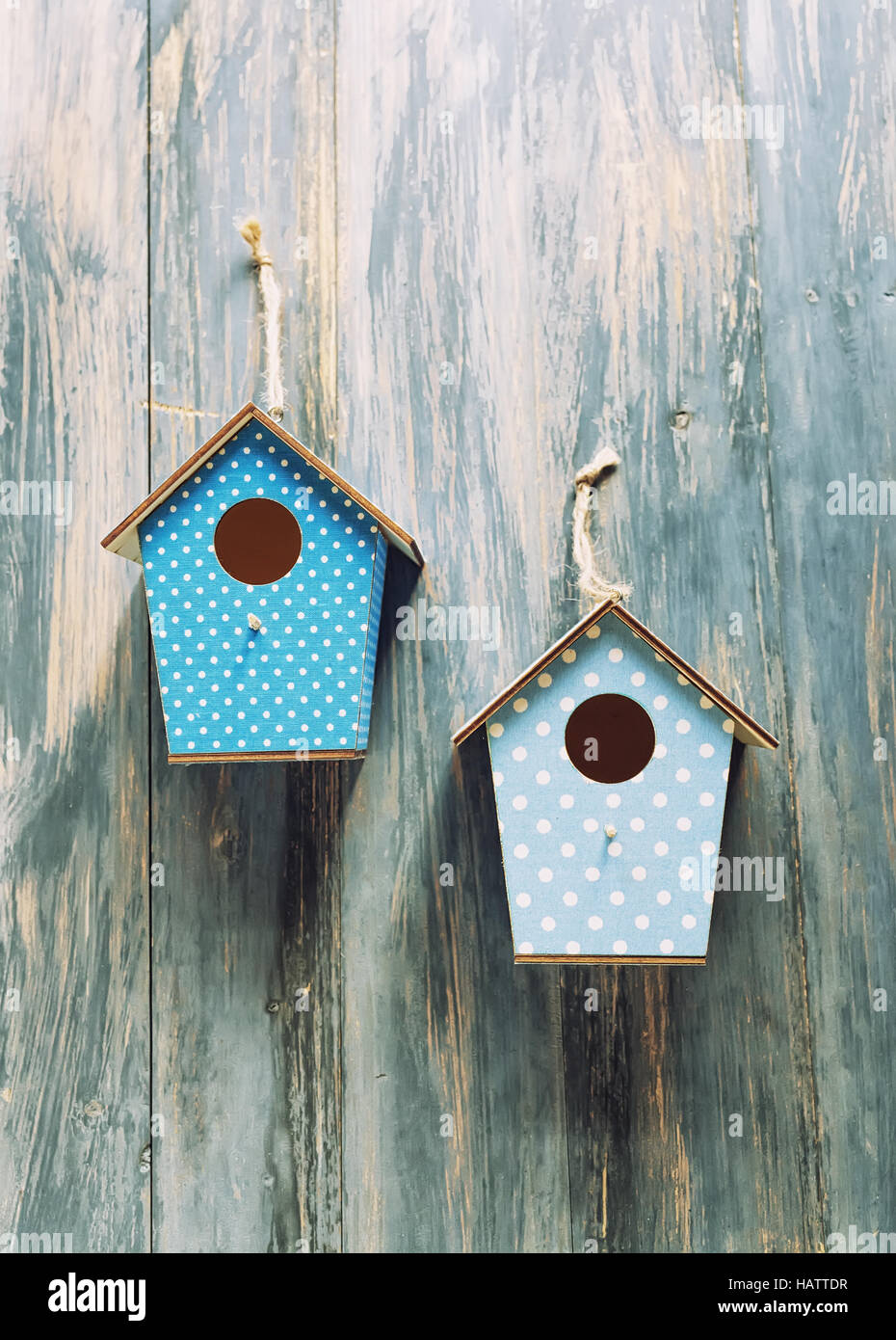 two birdhouses on antique rustic wood background Stock Photo - Alamy