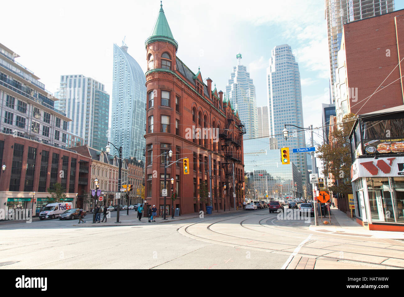 TORONTO - NOVEMBER 18, 2016: The red-brick Gooderham Building is a historic landmark of Toronto, Ontario, Canada located at 49 Wellington Street East. Stock Photo