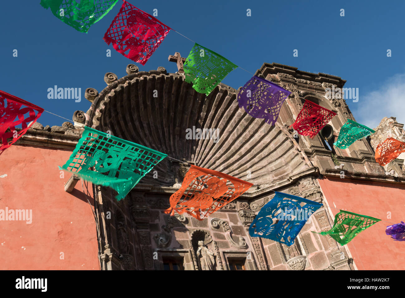 Paper banners decorate the Church of Our Lady of Health or  Nuestra Senora de la Salud Church in San Miguel de Allende, Guanajuato, Mexico. Stock Photo