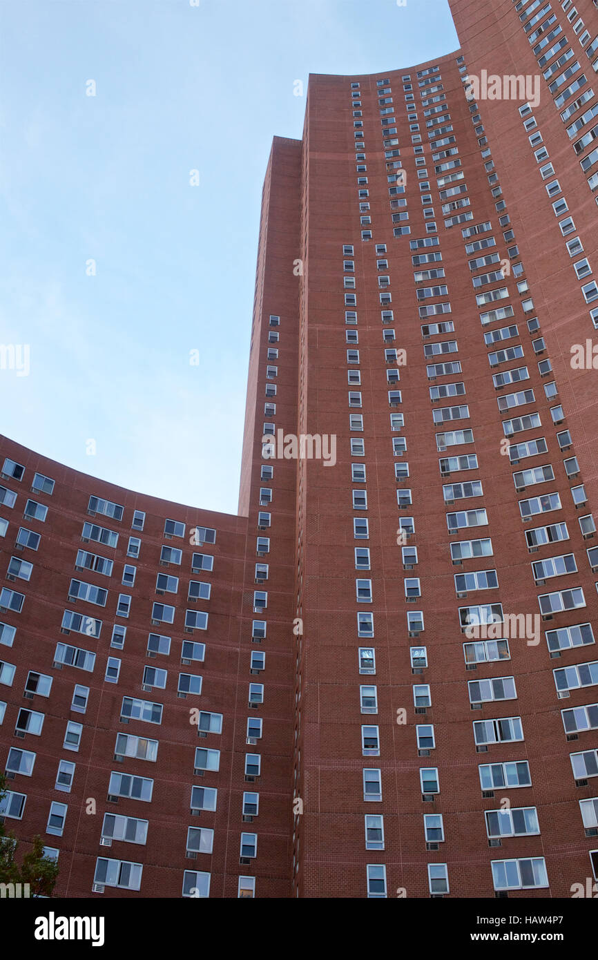 View up Confucius Plaza Apartments tower in Chinatown Manhattan, New
