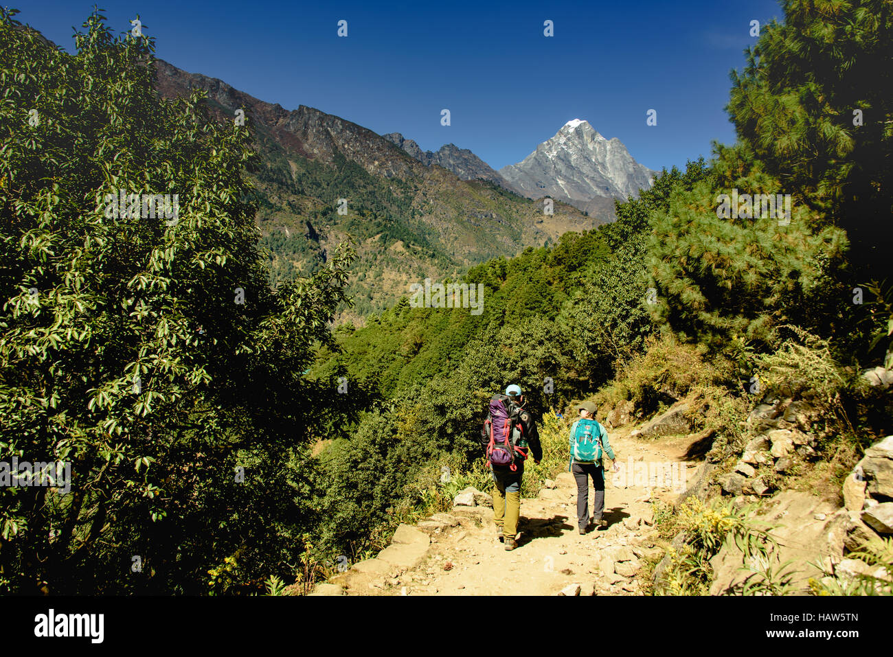 two trekkers en-route to everest base camp, in the valleys with peak in the distance Stock Photo