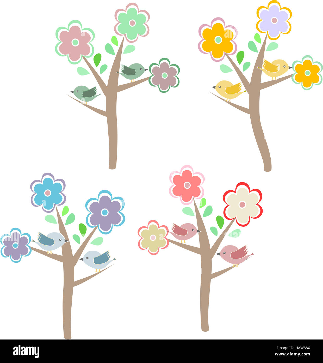 Birds sitting on trees. seasons - spring, summer, autumn, winter Stock ...