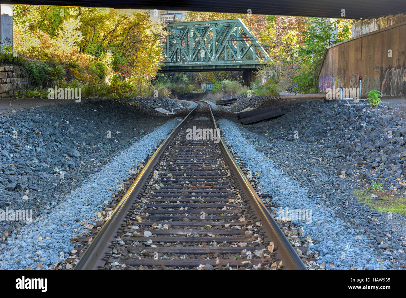 Train tracks going through the Bergen Arches of Jersey City, New Jersey