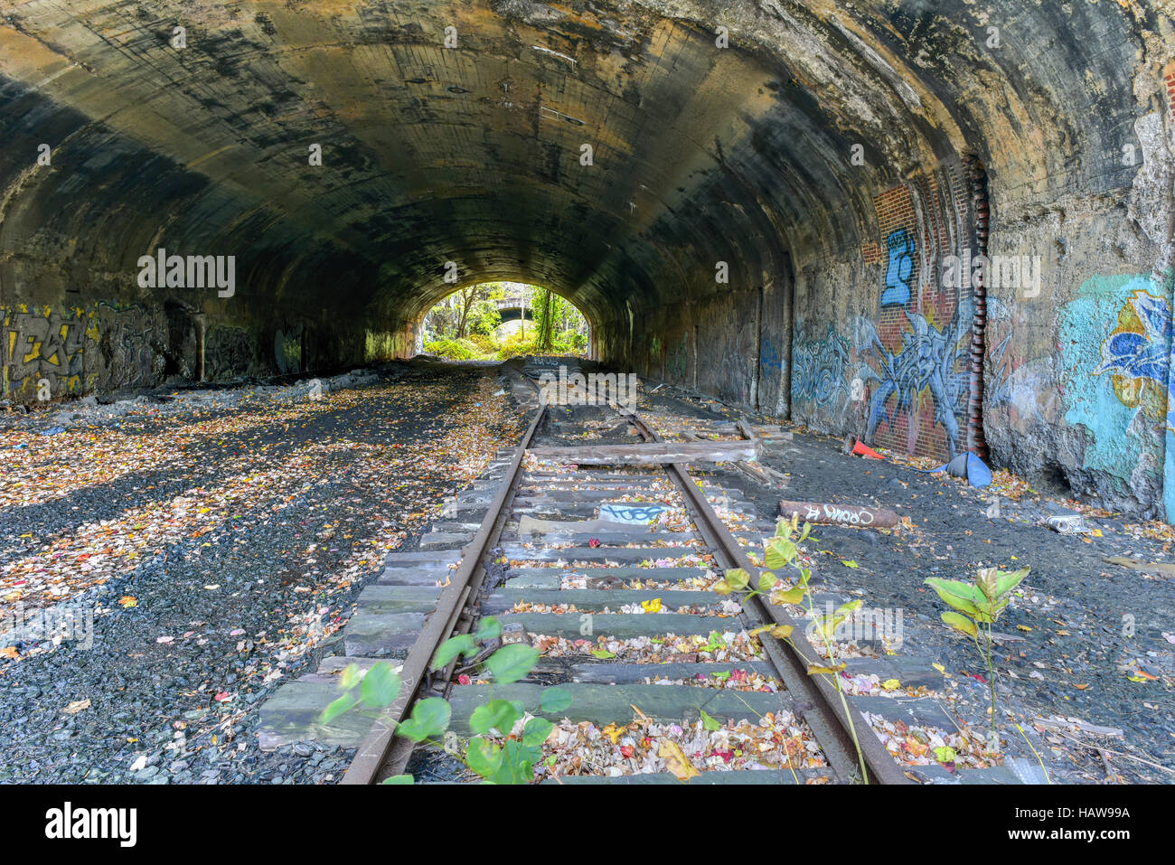 Train tracks going through the Bergen Arches of Jersey City, New Jersey
