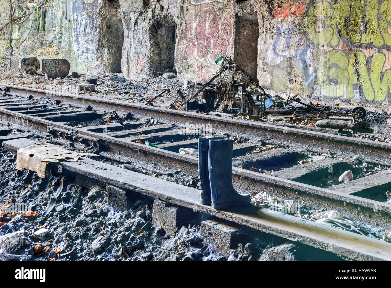 Train tracks going through the Bergen Arches of Jersey City, New Jersey