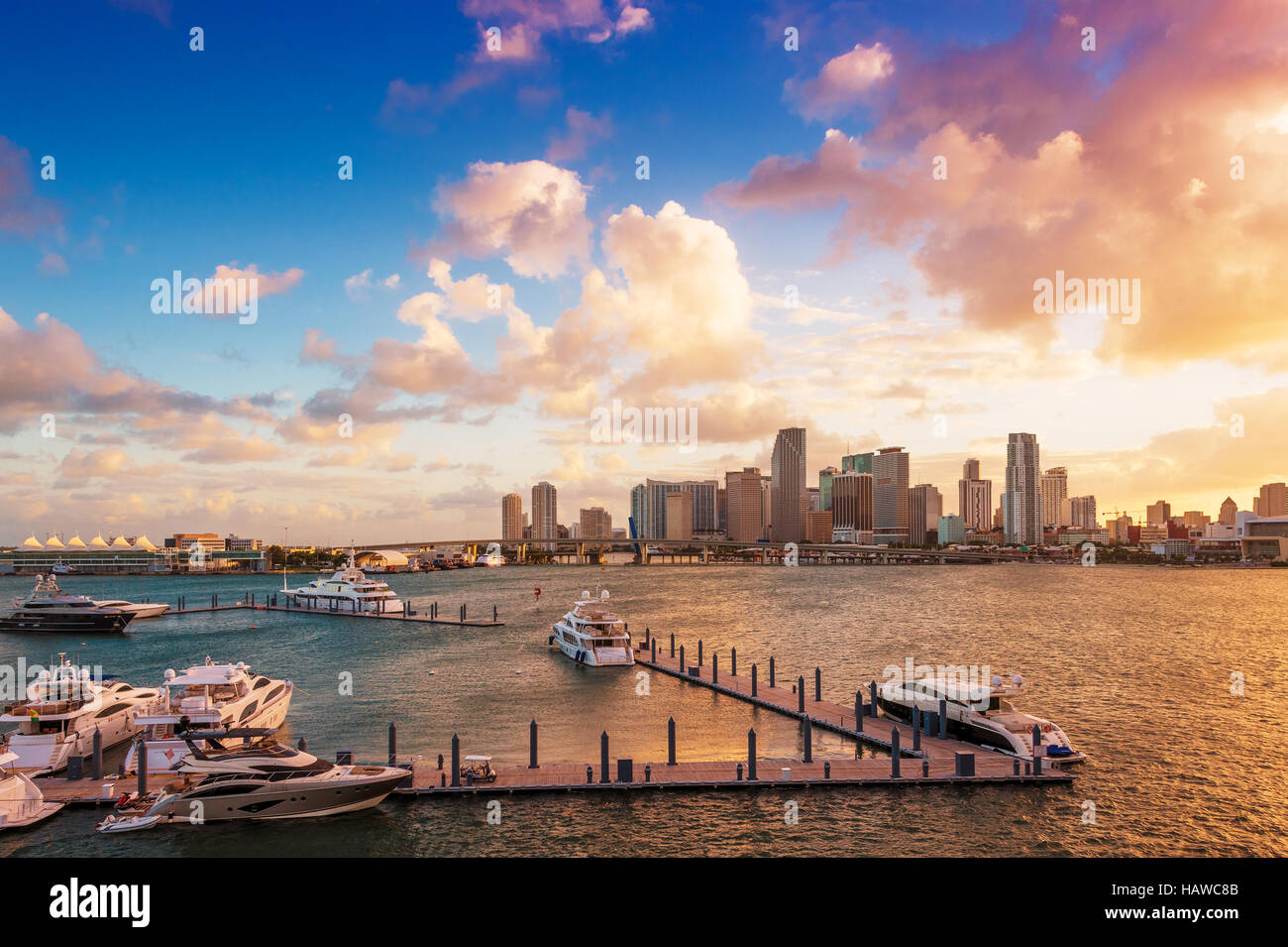 Downtown Miami, Florida, USA, and the port, seen from MacArthur Causeway at sunset. Stock Photo