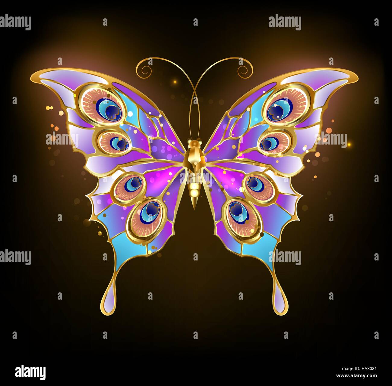 gold butterfly with wings patterned peacock on a dark background. Stock Vector