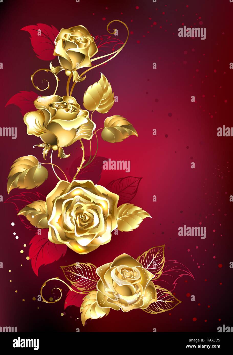 gold entwined roses on red textural background Stock Vector