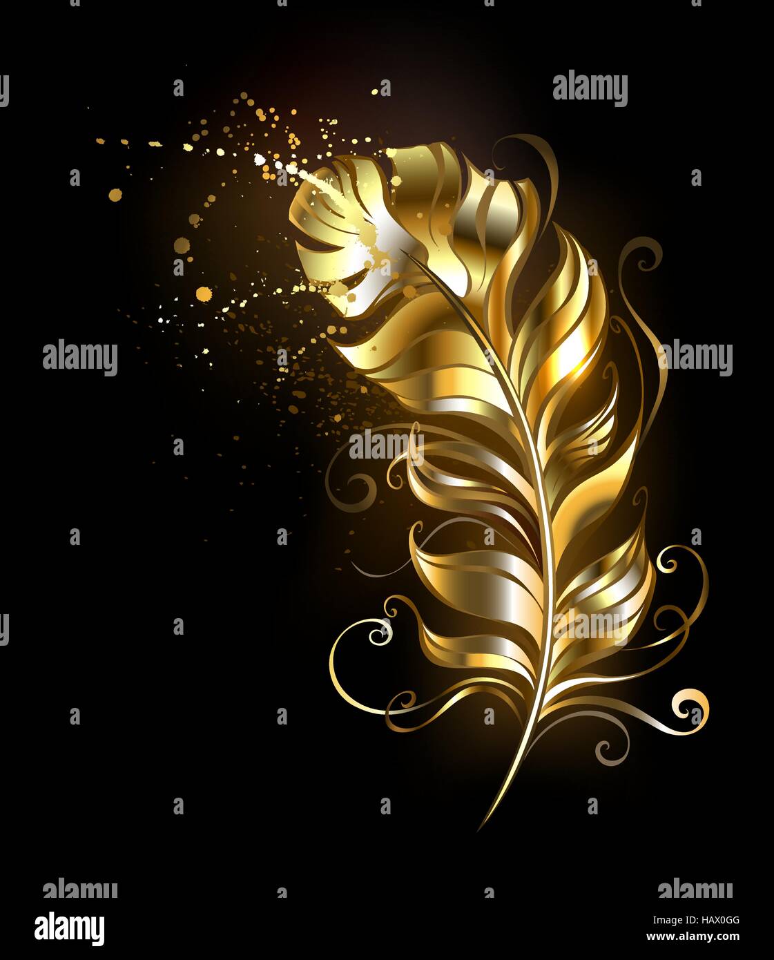 Fluffy feather of shiny gold on a black background. Stock Vector