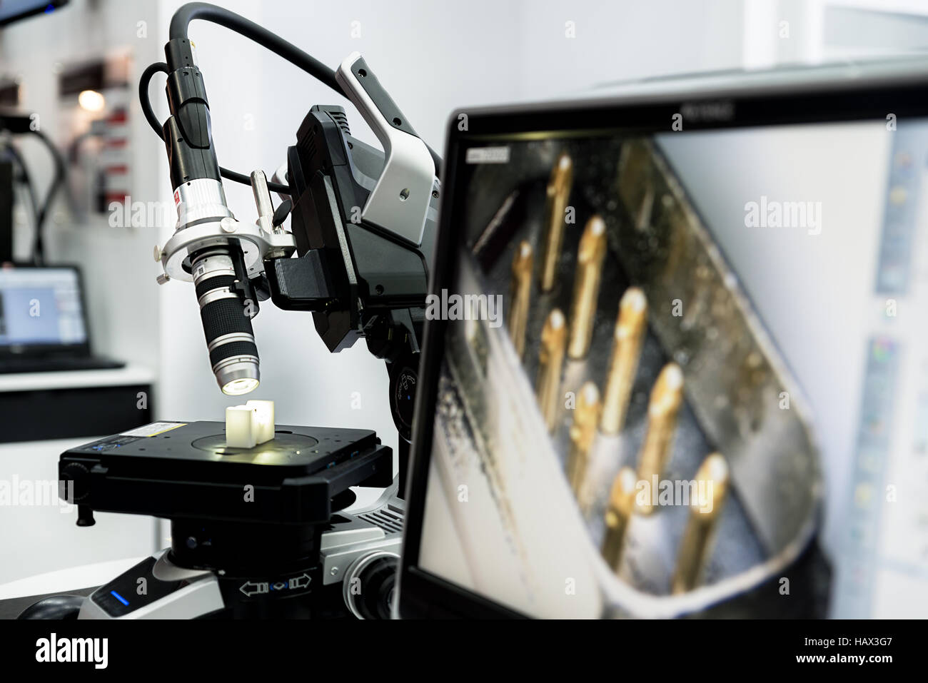 Microelectronics laboratory with the measuring instruments and microscopes. Stock Photo