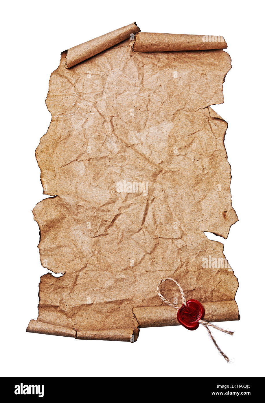 Ancient scroll with red seal wax isolated on white background Stock Photo