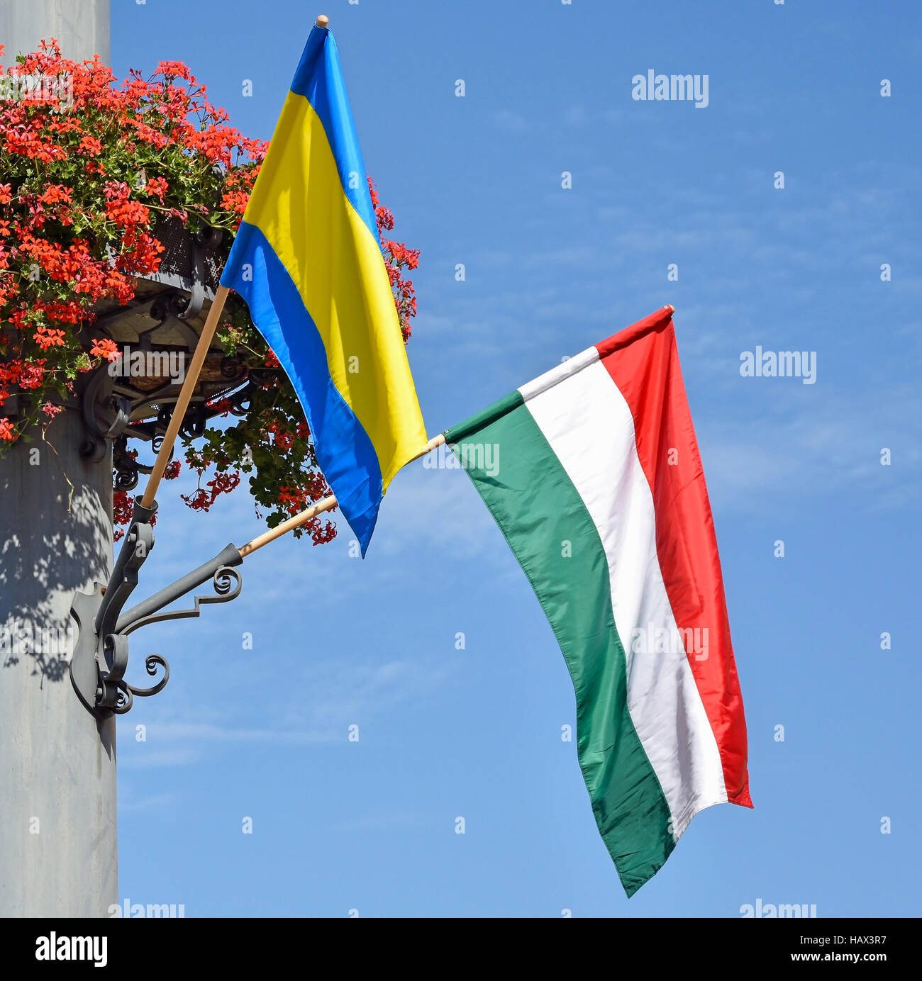 Hungarian flag and flowers on a pole Stock Photo