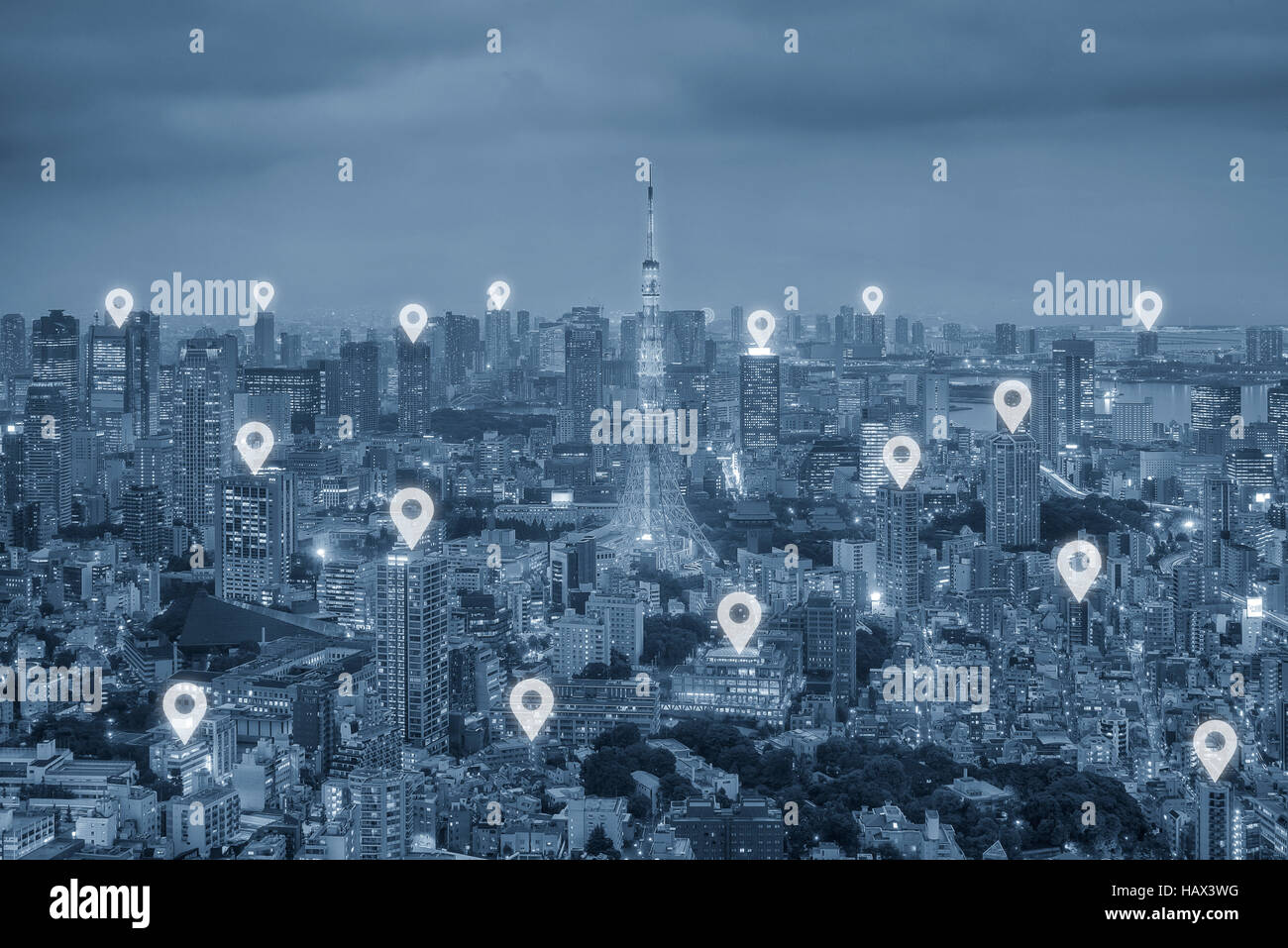 Map pin flat above Tokyo city scape and network connection concept. Tokyo smart city. Stock Photo