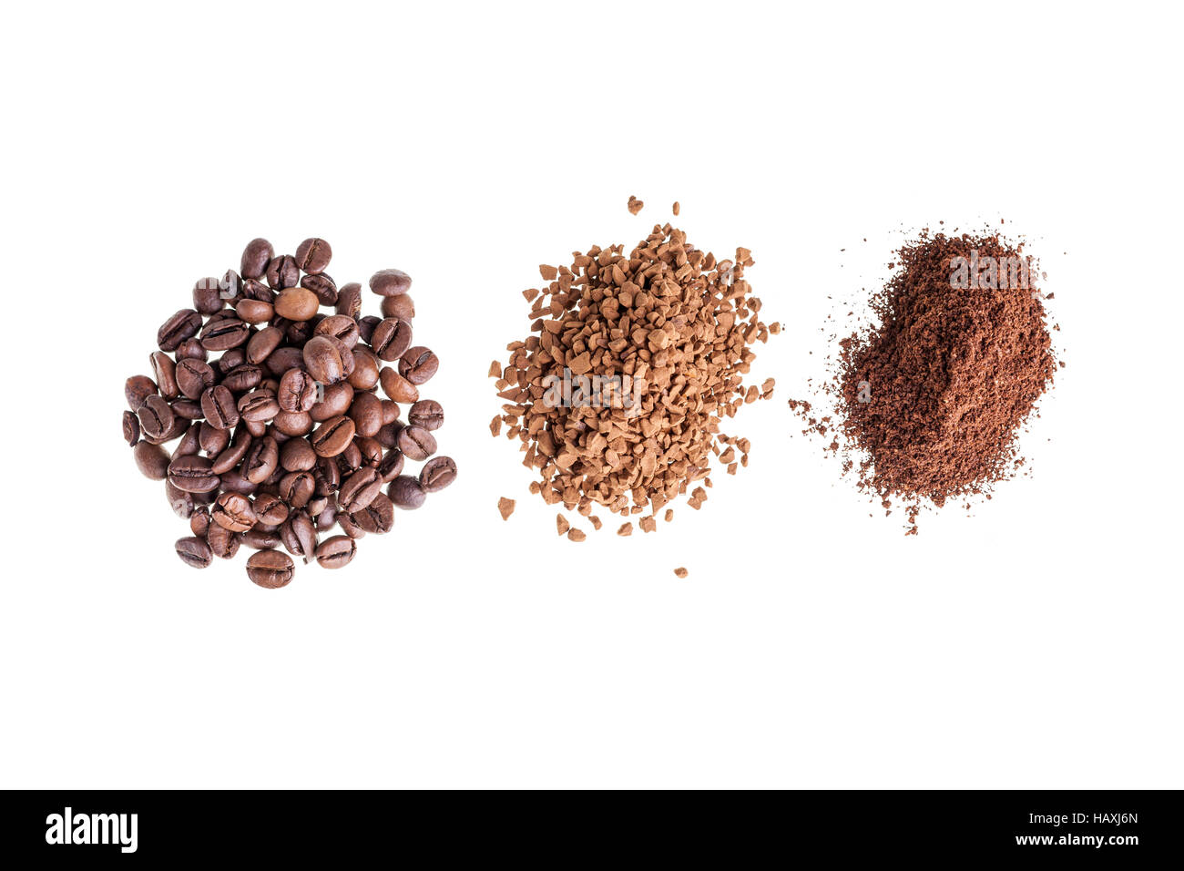 Coffee beans, instant coffee and ground coffee, on white background
