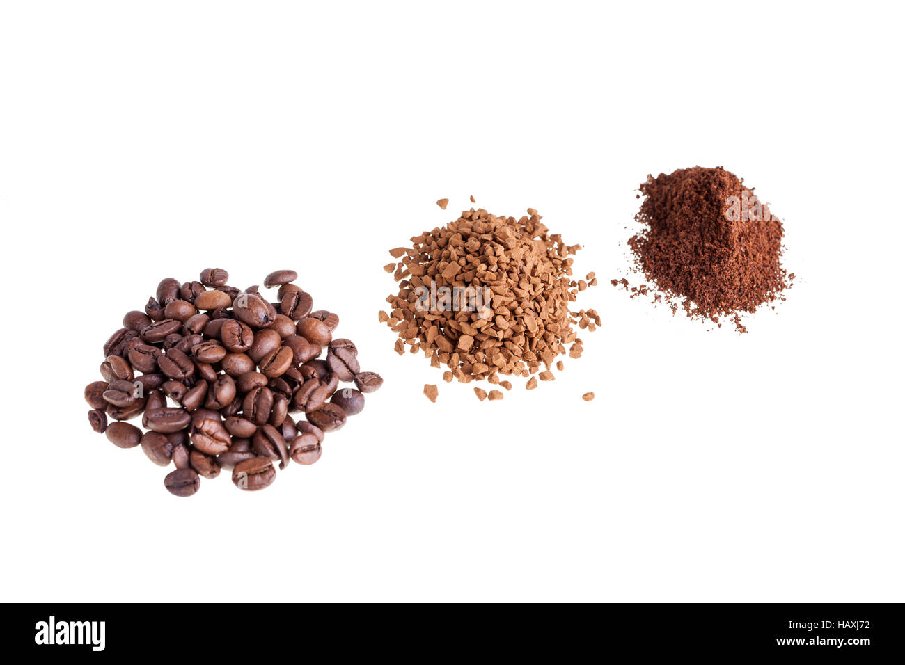 Coffee beans, instant coffee and ground coffee, on white background