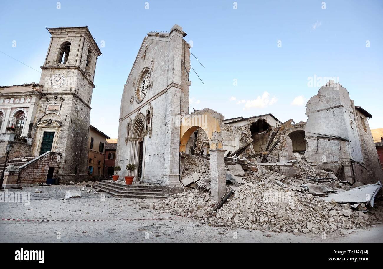 Aftermath of Italian earthquake in Norcia, Italy, following a 6.6