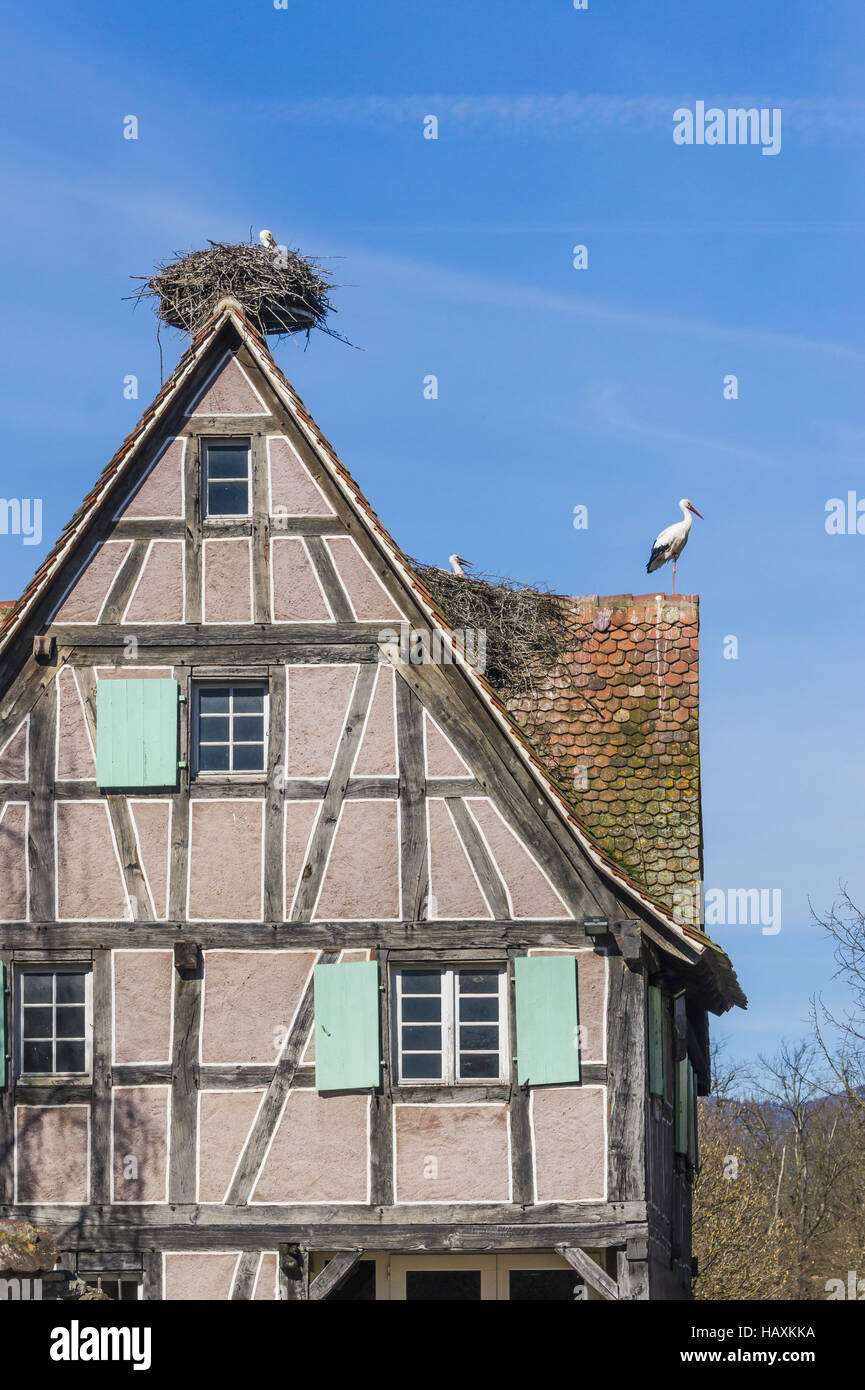 stork nests on half-timbered house Stock Photo
