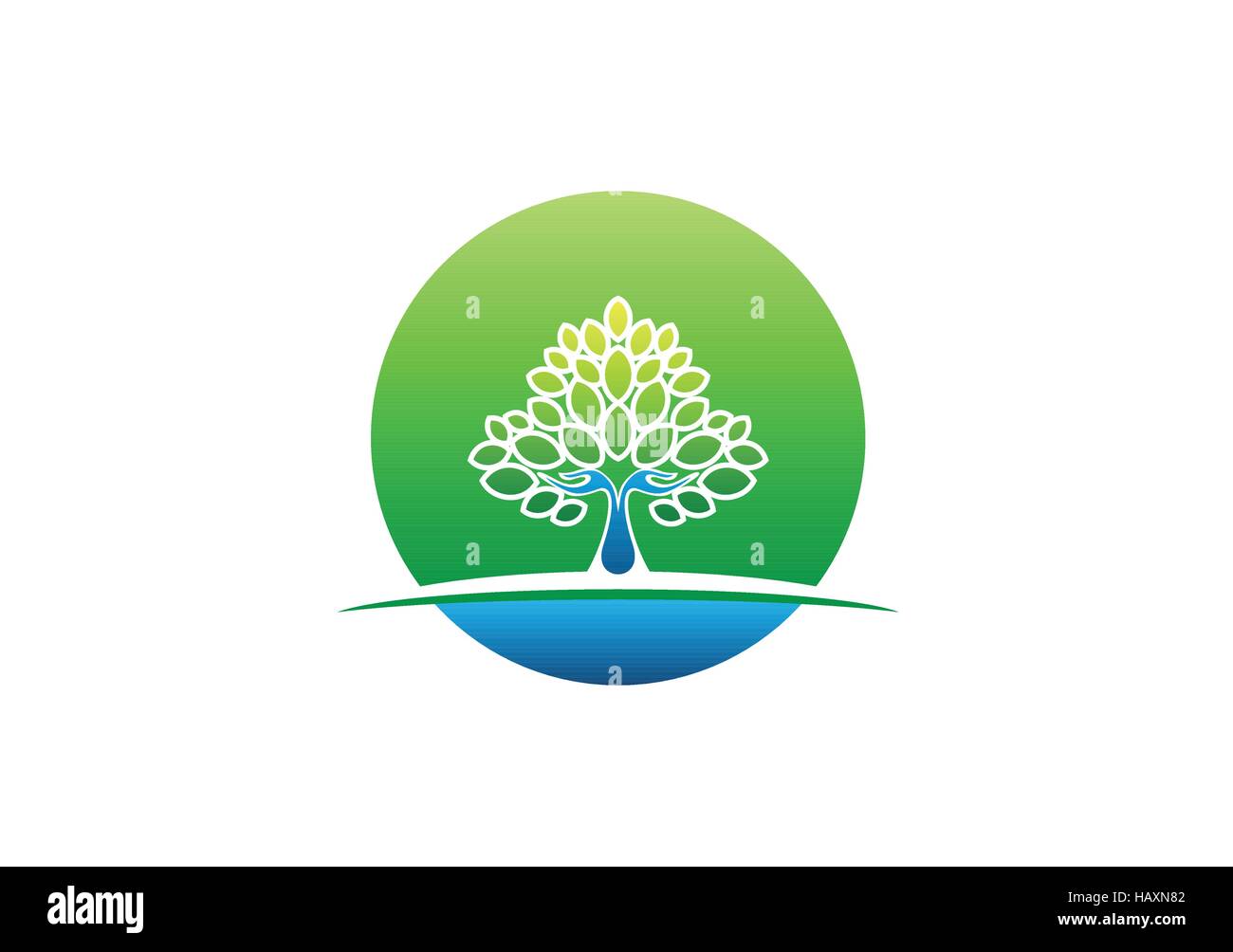hand tree logo icon, circle health natural tree hand symbol, wellness yoga concept design vector Stock Vector