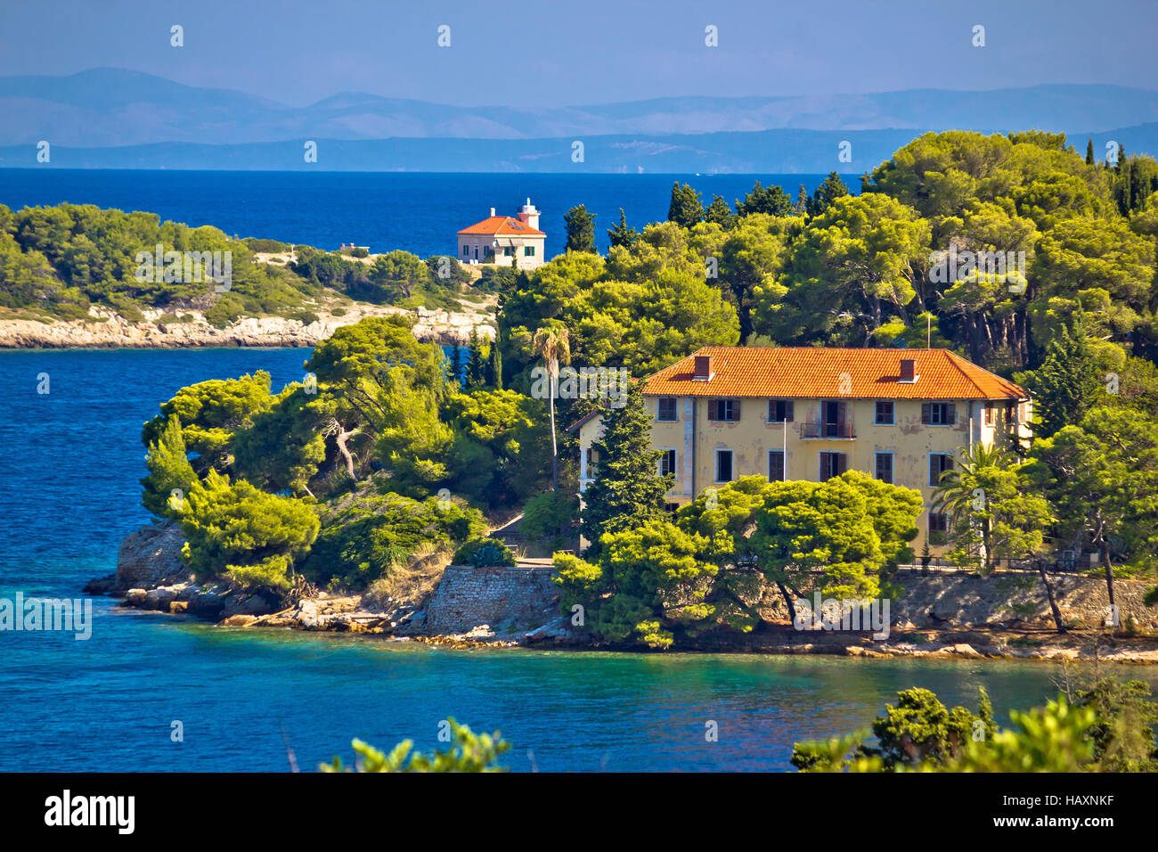 Island of Vis bay entrance and lighthouse view, Dalmatia, Croatia Stock Photo
