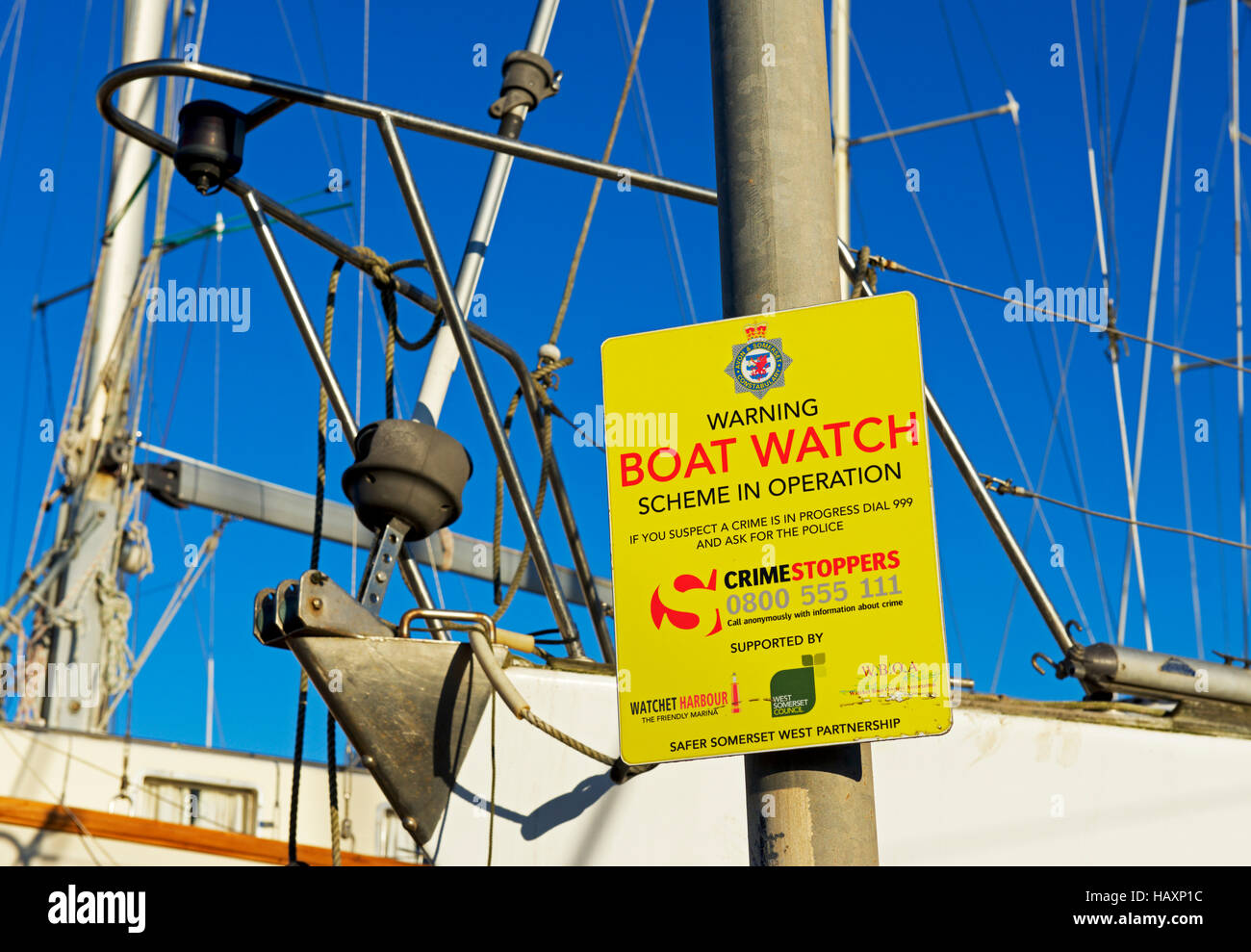 Notice Boat watch scheme in operation, in boat marina, England UK Stock Photo Alamy