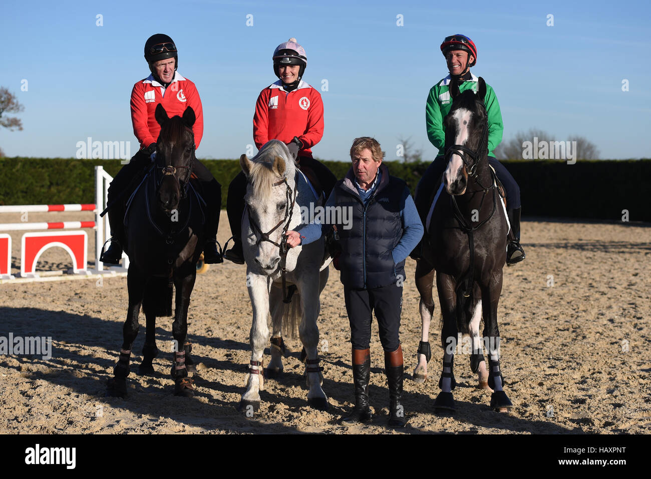 (From left to right) AP McCoy, Victoria Pendleton and Frankie Dettori during a lesson in showjumping with Olympic gold medallist Nick Skelton at his Ardencote Farm stables in Warwickshire. PRESS ASSOCIATION Photo. Issue date: Saturday December 3, 2016. Frankie Dettori and Victoria Pendleton will compete in The Markel Champions Challenge in aid of the Injured Jockeys Fund at the Olympia London in December. Photo credit should read: Joe Giddens/PA Wire Stock Photo