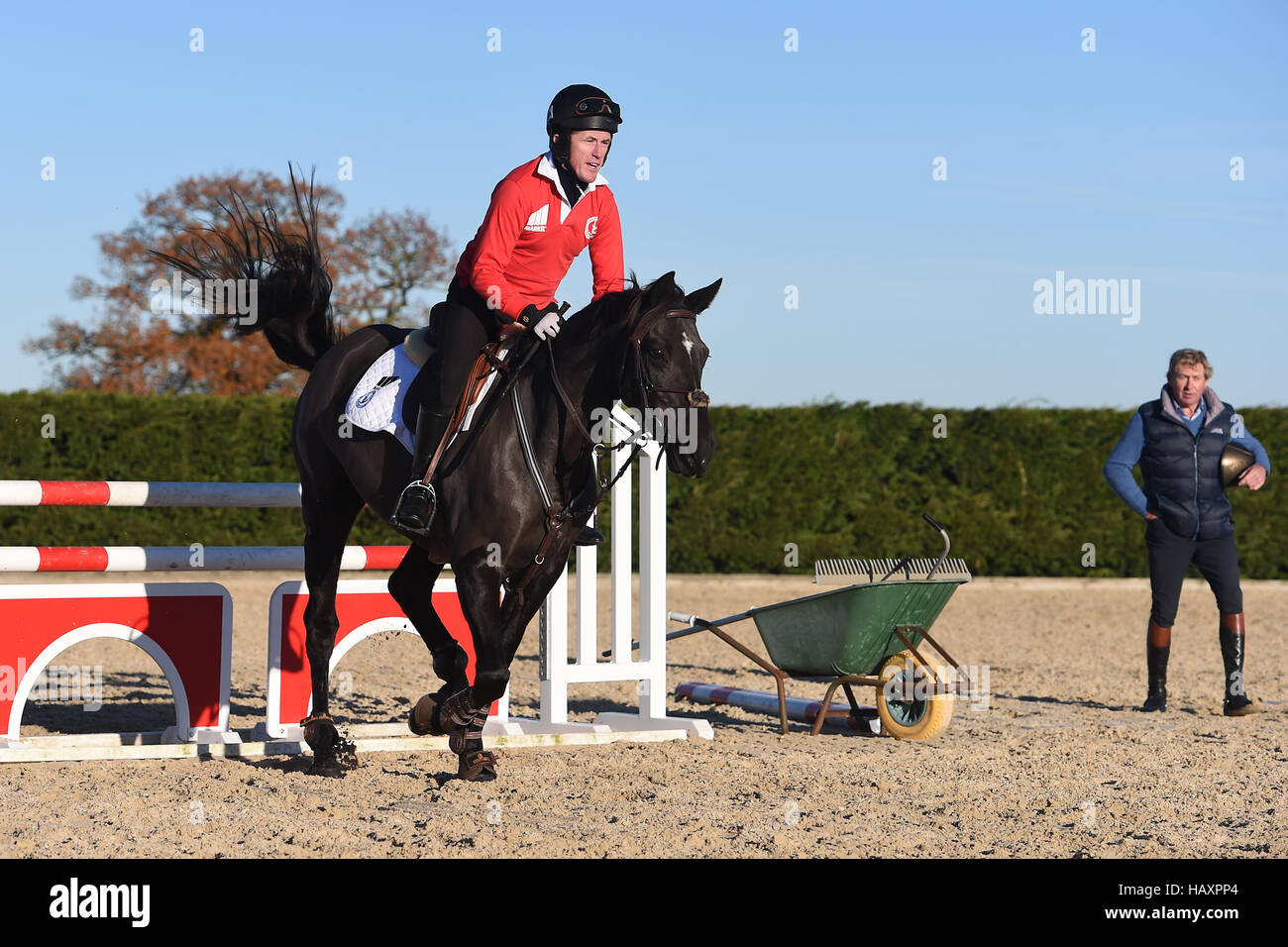 AP McCoy during a lesson in showjumping with Olympic gold medallist Nick Skelton at his Ardencote Farm stables in Warwickshire. PRESS ASSOCIATION Photo. Issue date: Saturday December 3, 2016. Victoria  Frankie Dettori and Victoria Pendleton will compete in The Markel Champions Challenge in aid of the Injured Jockeys Fund at the Olympia London in December Photo credit should read: Joe Giddens/PA Wire Stock Photo
